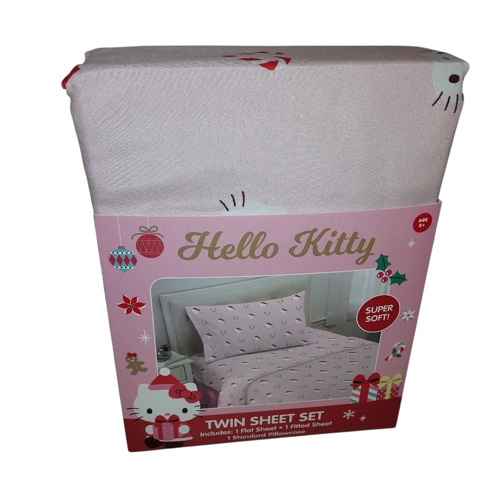 Brand New Sanrio Hello Kitty Twin Size Bed Sheet Set (3-Piece) Christmas Theme